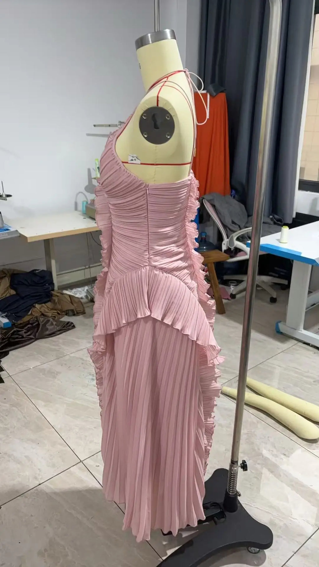 Gown Neck Strap Irregular Long Dress For Women Ruffle High Waist Backless Dress