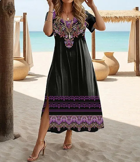 Ethnic Bohemian Floral Print Casual Vacation Short Sleeve Plus Size Summer Dress