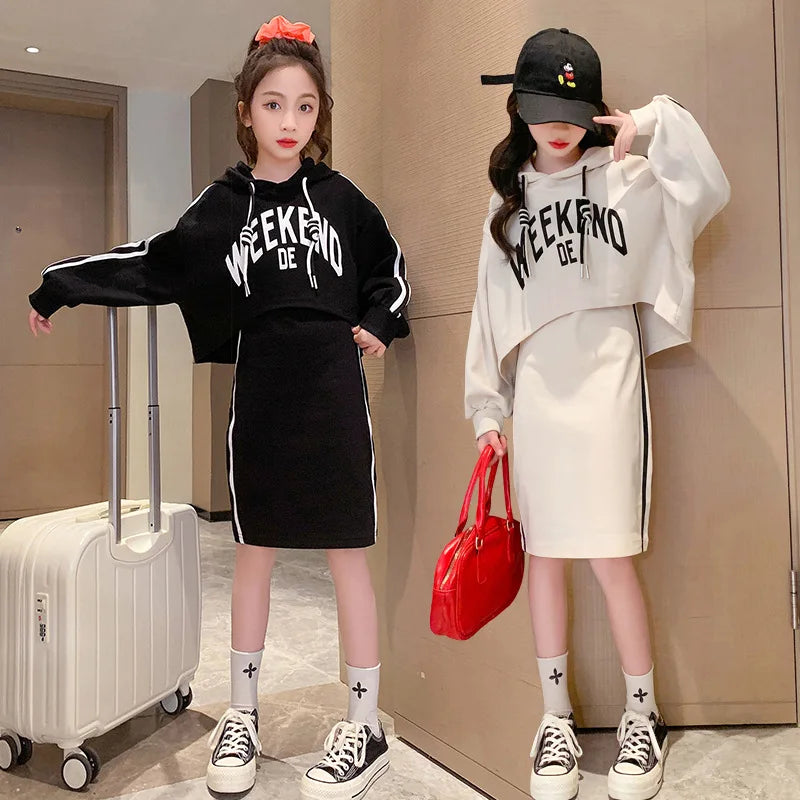Autumn Children's Girls Clothes Set Junior Letter Hooded Pullover Top and Side Stripe Sleeveless Dress Suit Teenage 2pcs Outfits