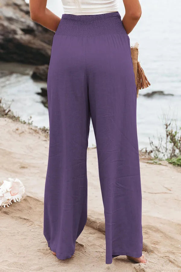 Women's casual pants with drawstring, mid waist, beach wide leg, spring and summer, European and American pants