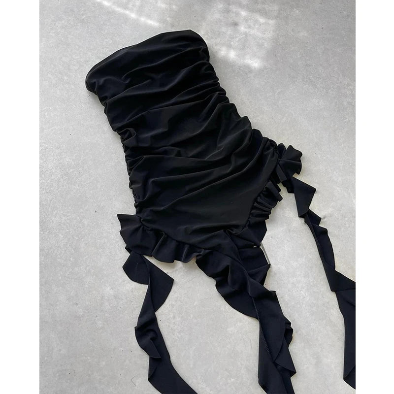 Women Strapless Floral Mini Dress With High Slit Backless Sleeveless Black Pink