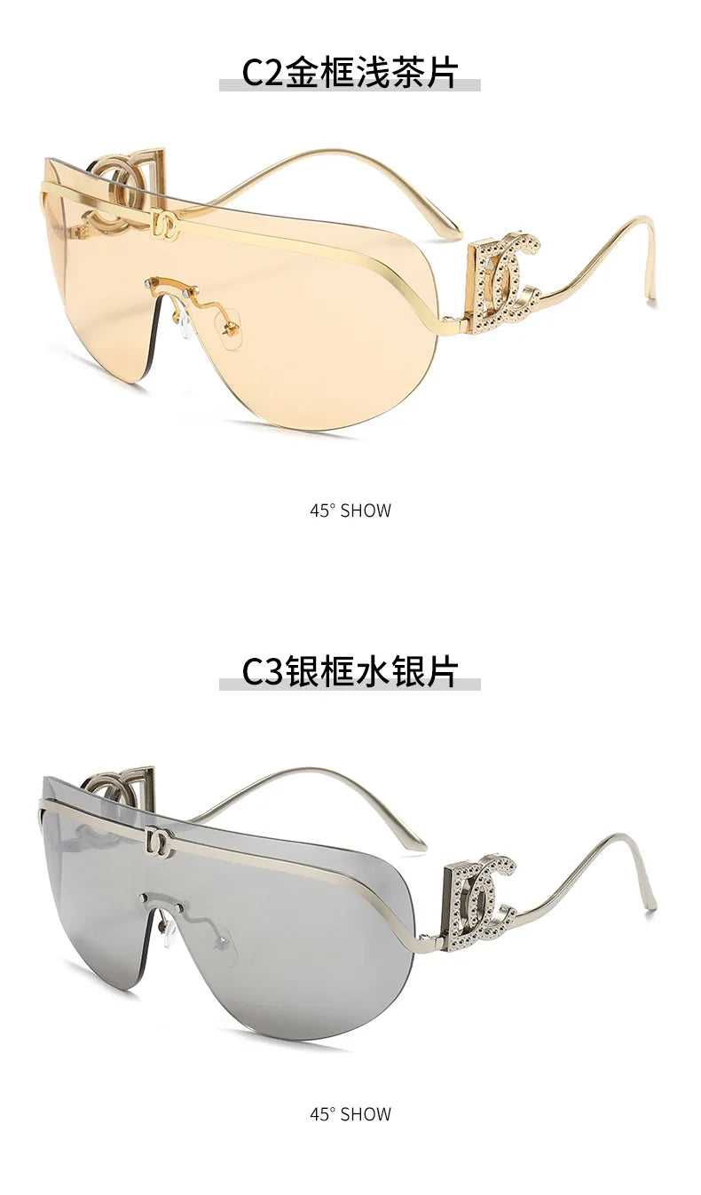2026 Luxury Women Rimless Shield Aviator Sunglasses Gold Metal Frame Letter Accent Shades UV400 Eyewear for Women Lentes De Sol