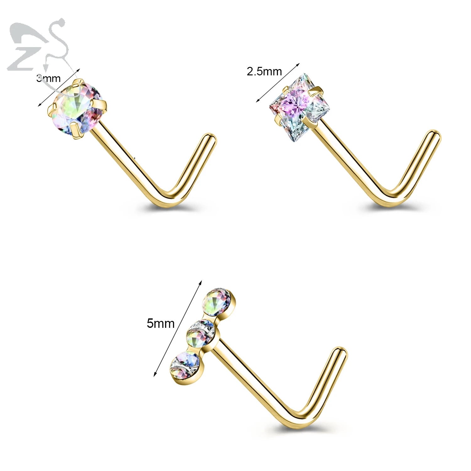 ZS 3-4Pcs/lot Gold Color Stainless Steel Nose Stud Set Heart Star Round Crystal Nose Piercing L Shape Nostril Piercing 18g/20g