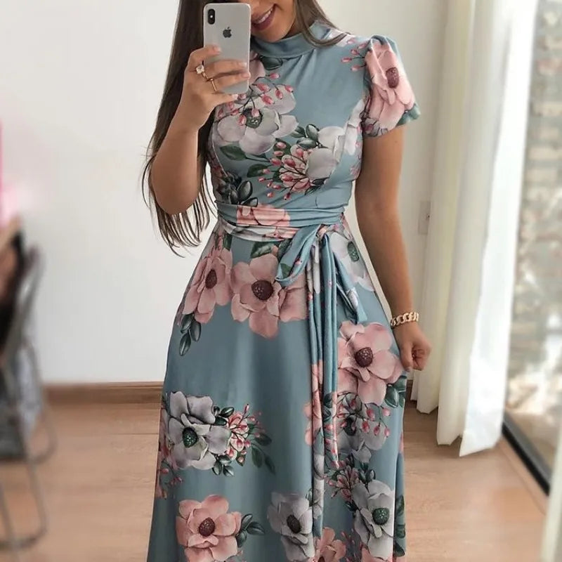 Womens Slim Casual Long Sleeve Round Neck Flower Print Strap Maxi Dress