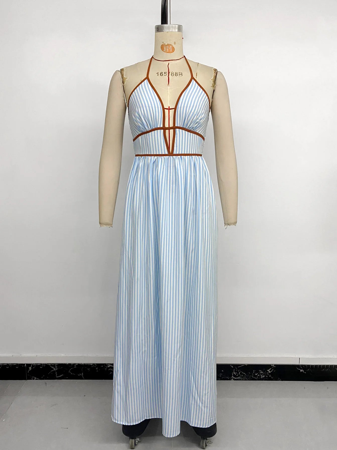 2026 Summer Striped Deep V Neck Backless Sleeveless Beach Long Dress