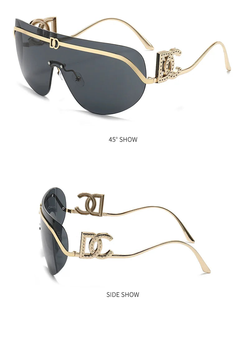 2026 Luxury Women Rimless Shield Aviator Sunglasses Gold Metal Frame Letter Accent Shades UV400 Eyewear for Women Lentes De Sol