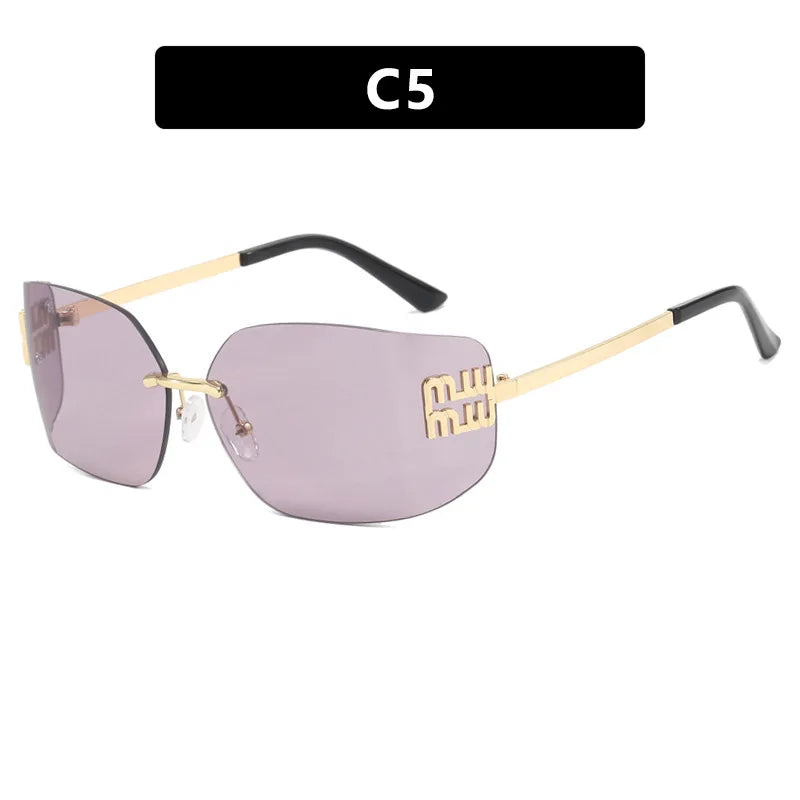 NEW Classic Sun Glasses Female Funky Metal Luxury Rimless Sunglasses Women BrandDesigner Rivets Rectangle Gradient Curved Shades