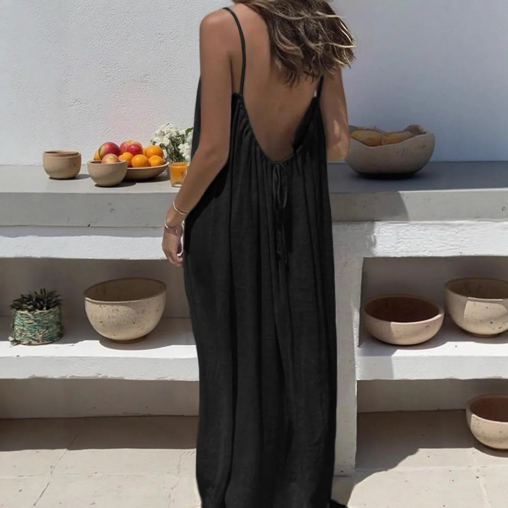 Ladies Sleeveless Strap H-Line Long Gown Loose Comfortable Polyester Casual Nightwear Home Clothing