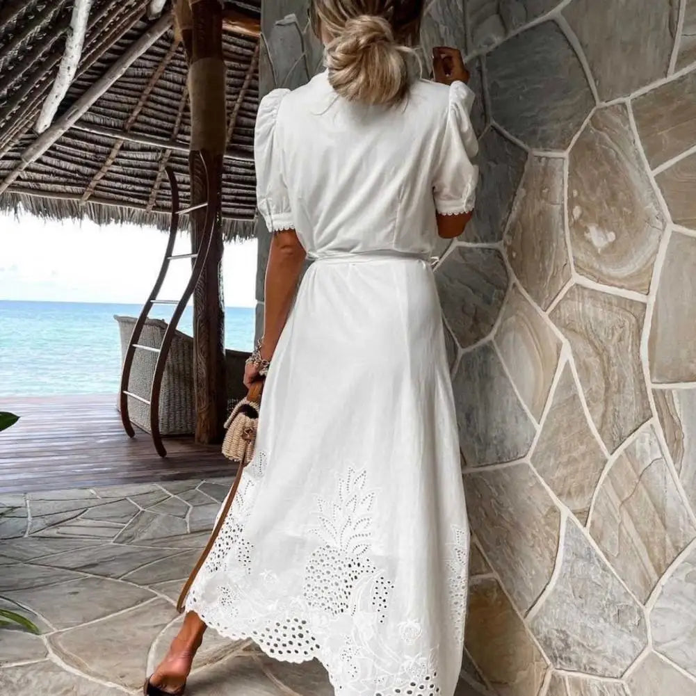 Lace-up Women Shirt Dress 2024 Summer Elegant Single Breasted Puff Sleeve Maxi Dress Vestidos Bohemian Sundress Party Robe