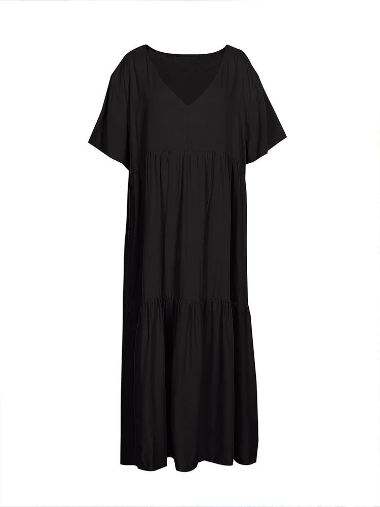 Plus Size Women's V Neck Pleated Solid Ankle Length Dress For Spring Summer