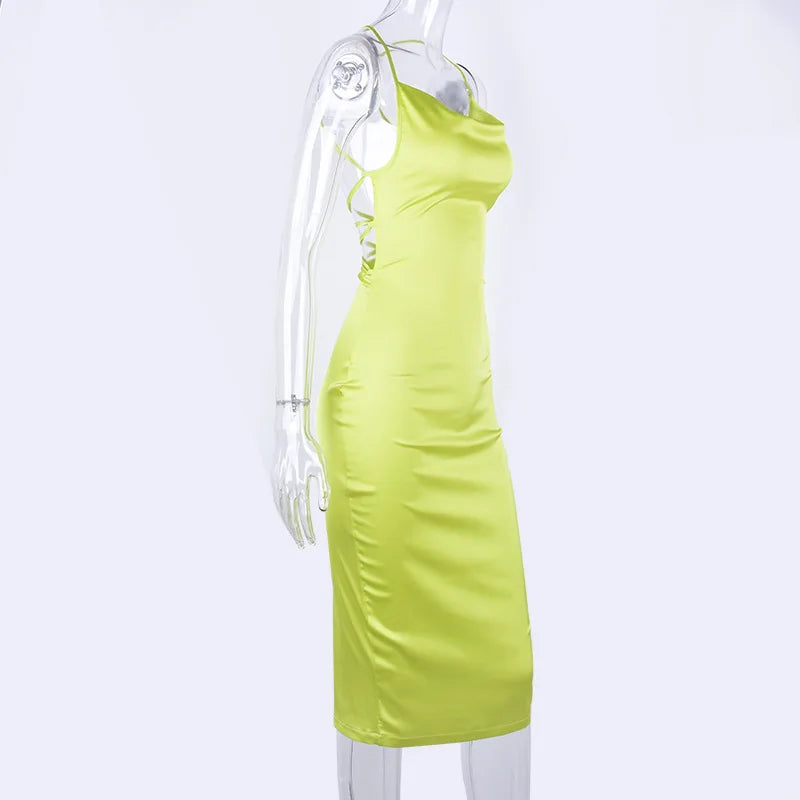 Neon Satin Lace Up Womens Light Pink Midi Dress Backless Bodycon Party Clubwear