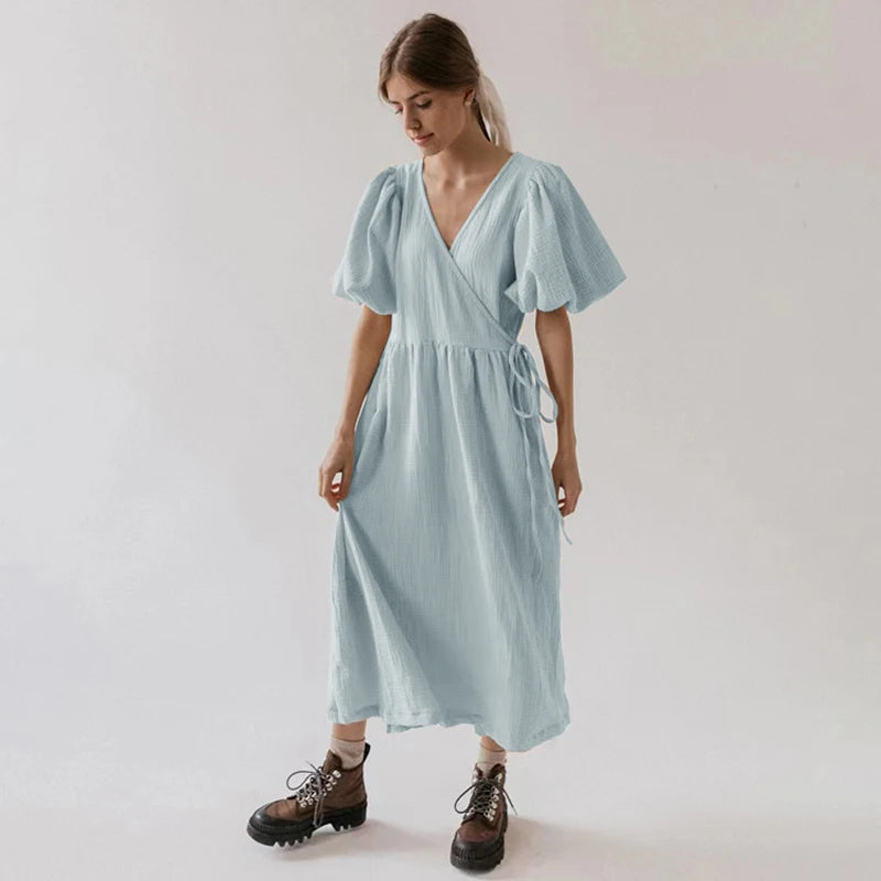 Puff Sleeve Maxi Dress For Women Muslin Crepe Gauze V-Neck  Bandage Lace Elegant Long Birthday Party Dress