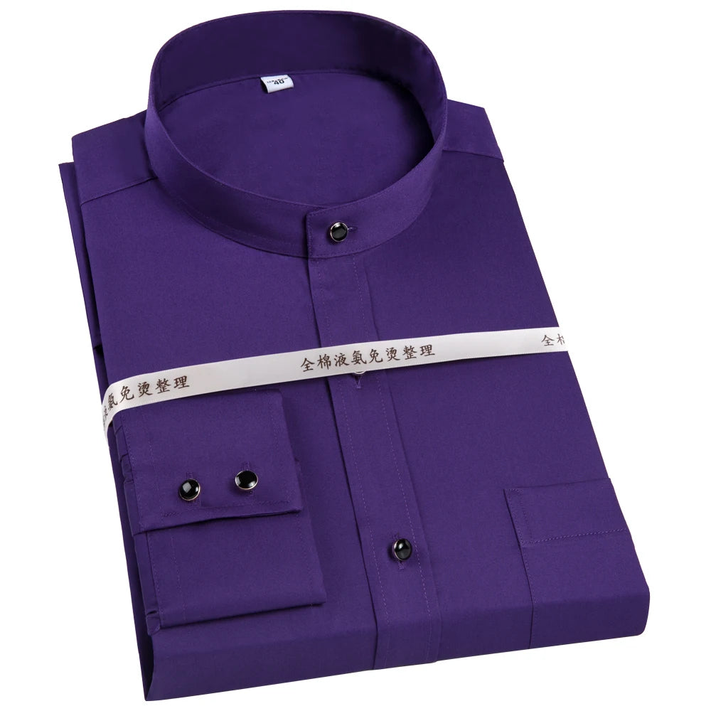Men's Banded Collar Long Sleeve Solid Dress Shirts Single Patch Pocket Standard-fit Formal Business Casual Blouse Cotton Shirt