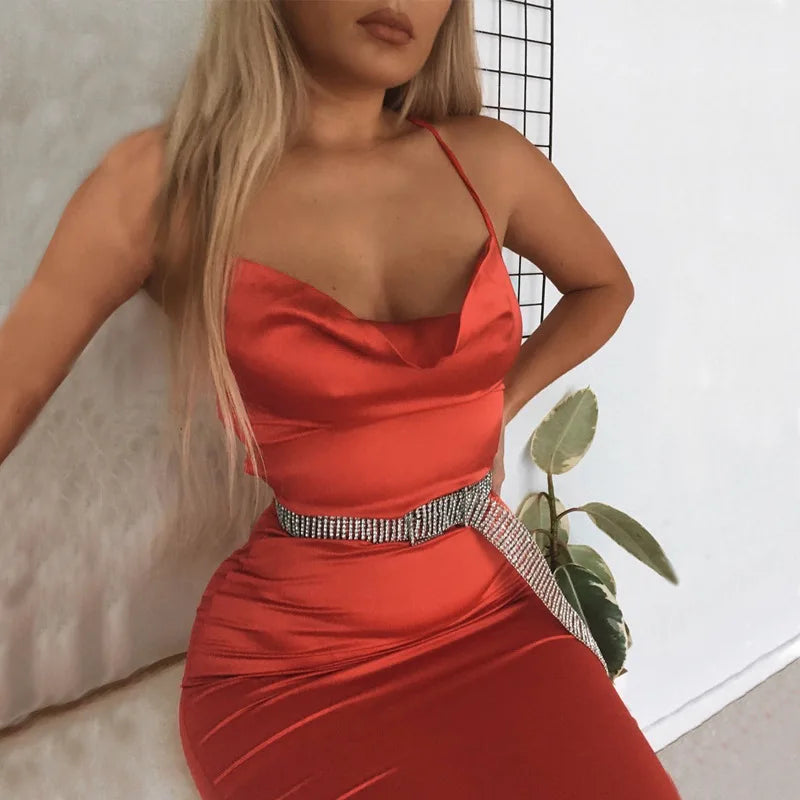 Neon Satin Lace Up Womens Light Pink Midi Dress Backless Bodycon Party Clubwear
