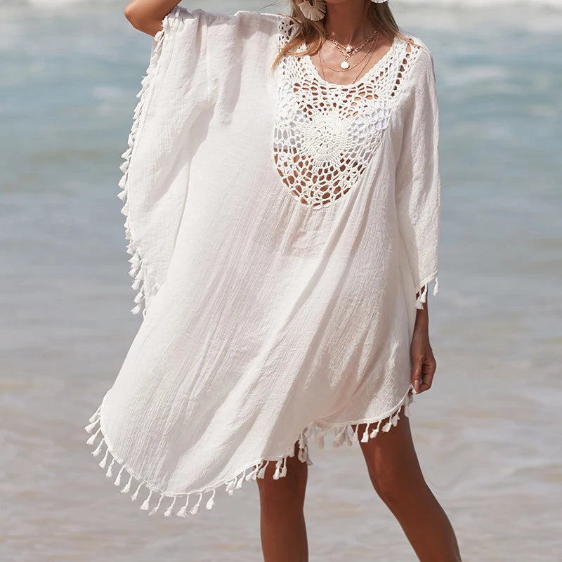 Women's Handmade Crochet Splicing Swimsuit Cover-Ups With Tassel Summer Holiday Beach Casual Loose Sunscreen Short Dress