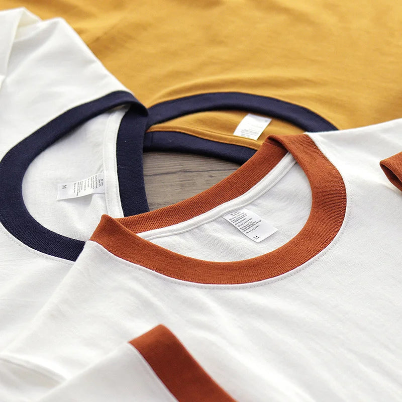 Summer American Retro 260G Heavyweight Contrasting Color T-shirt Men's Amei Kaji 100% Cotton Short Sleeve O-neck Tops Ringer TEE