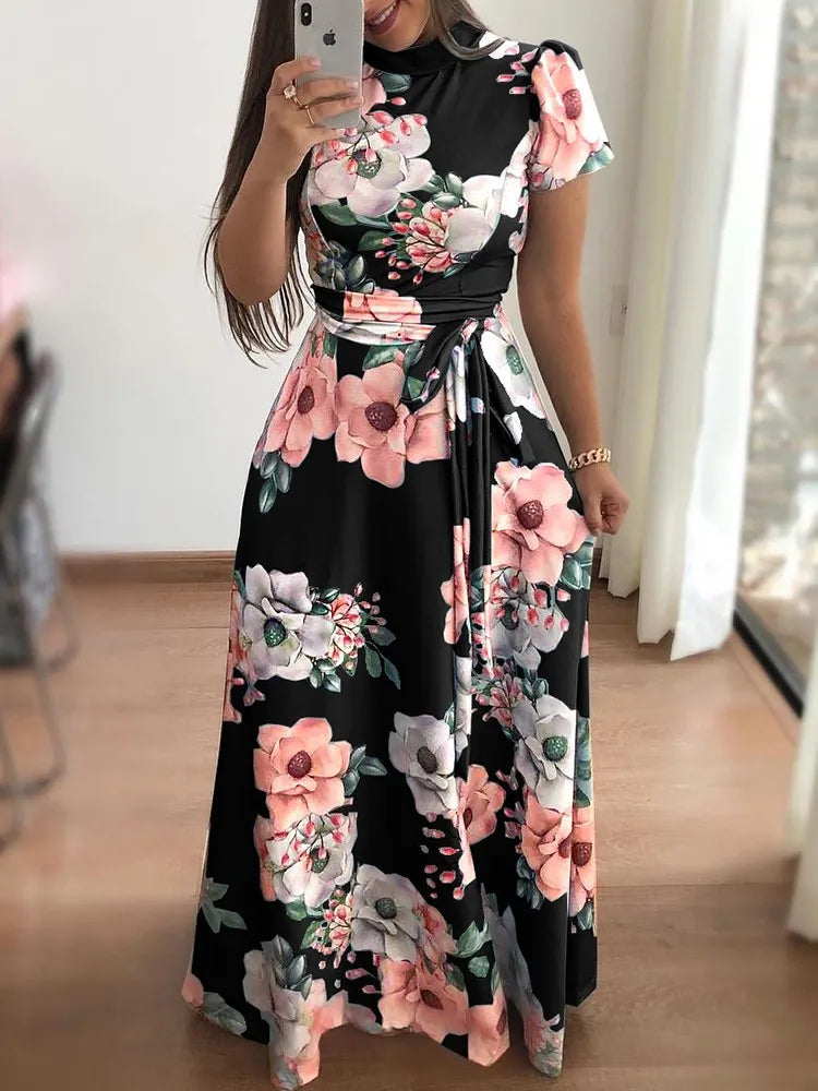 Womens Slim Casual Long Sleeve Round Neck Flower Print Strap Maxi Dress