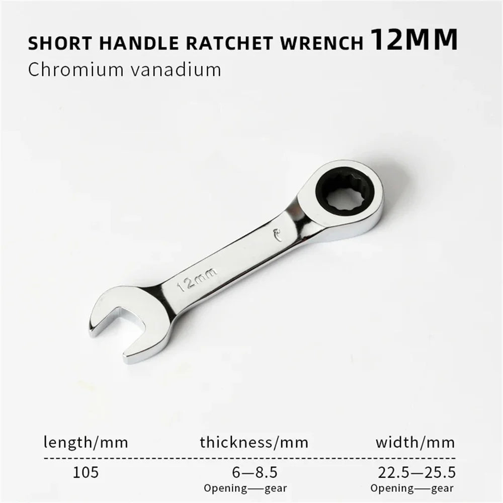 Short Handle Adjustable Head Ratchet Wrench Labor-Saving Dual-Purpose Auto Repair Hardware Tool For Nuts Bolts Fastening Work