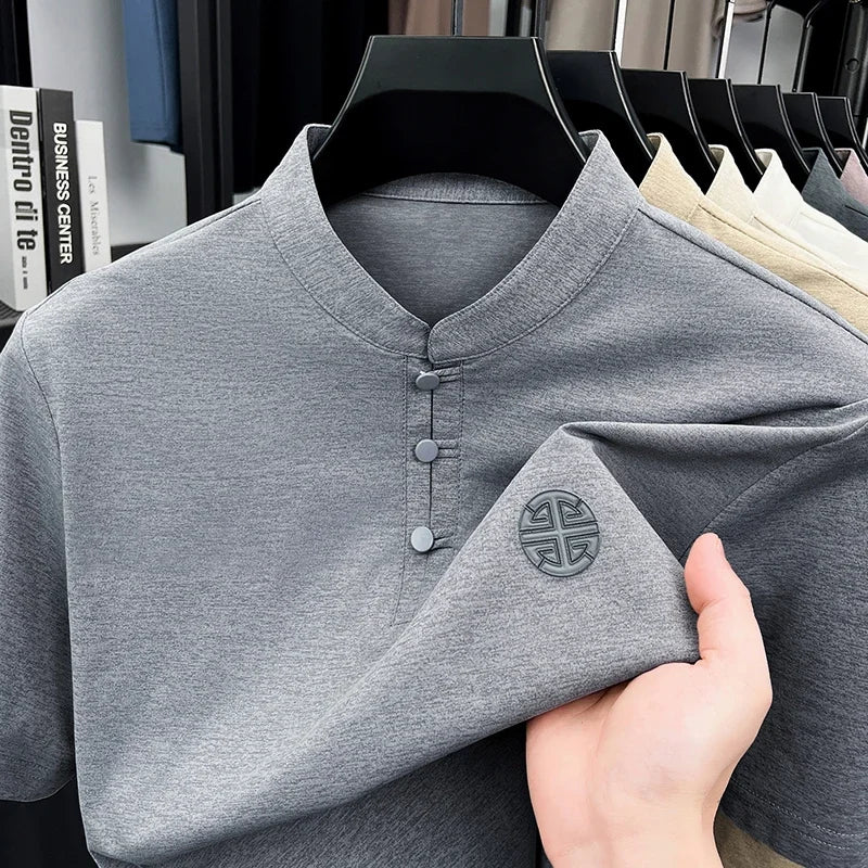 Men's Mandarin Collar Short Sleeve T-Shirt Casual Chinese Style Button Henley Shirt