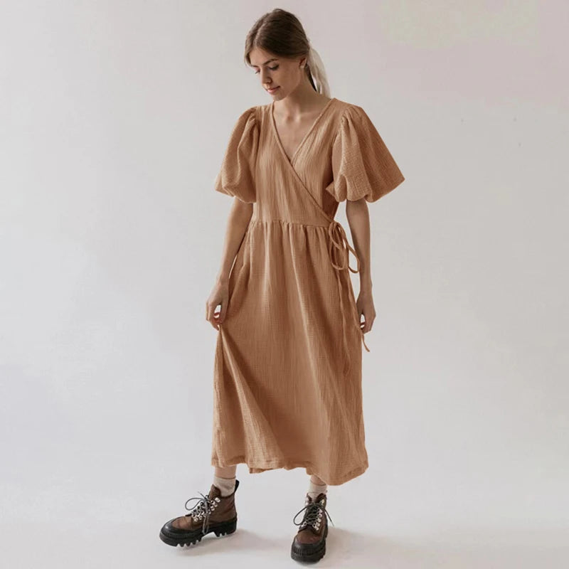 Puff Sleeve Maxi Dress For Women Muslin Crepe Gauze V-Neck  Bandage Lace Elegant Long Birthday Party Dress