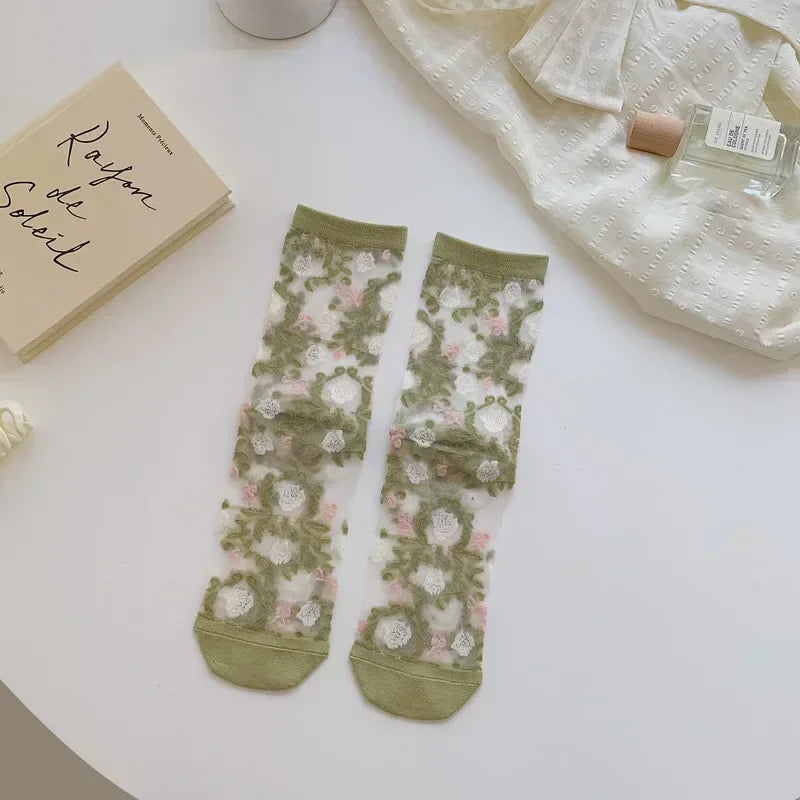Butterfly Woman Socks Fashion Summer Ultra-thin Transparent Crystal Silk Socks Vintage Harajuku Sexy Lace Mesh Crew Socks