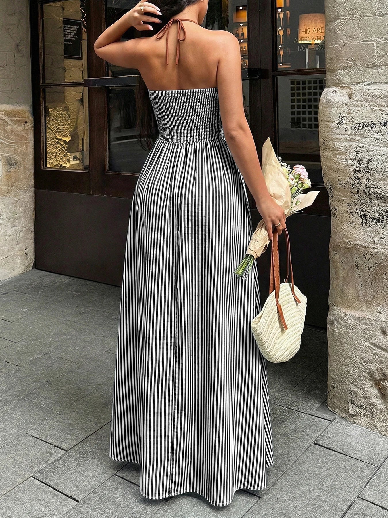 2026 Summer Striped Deep V Neck Backless Sleeveless Beach Long Dress