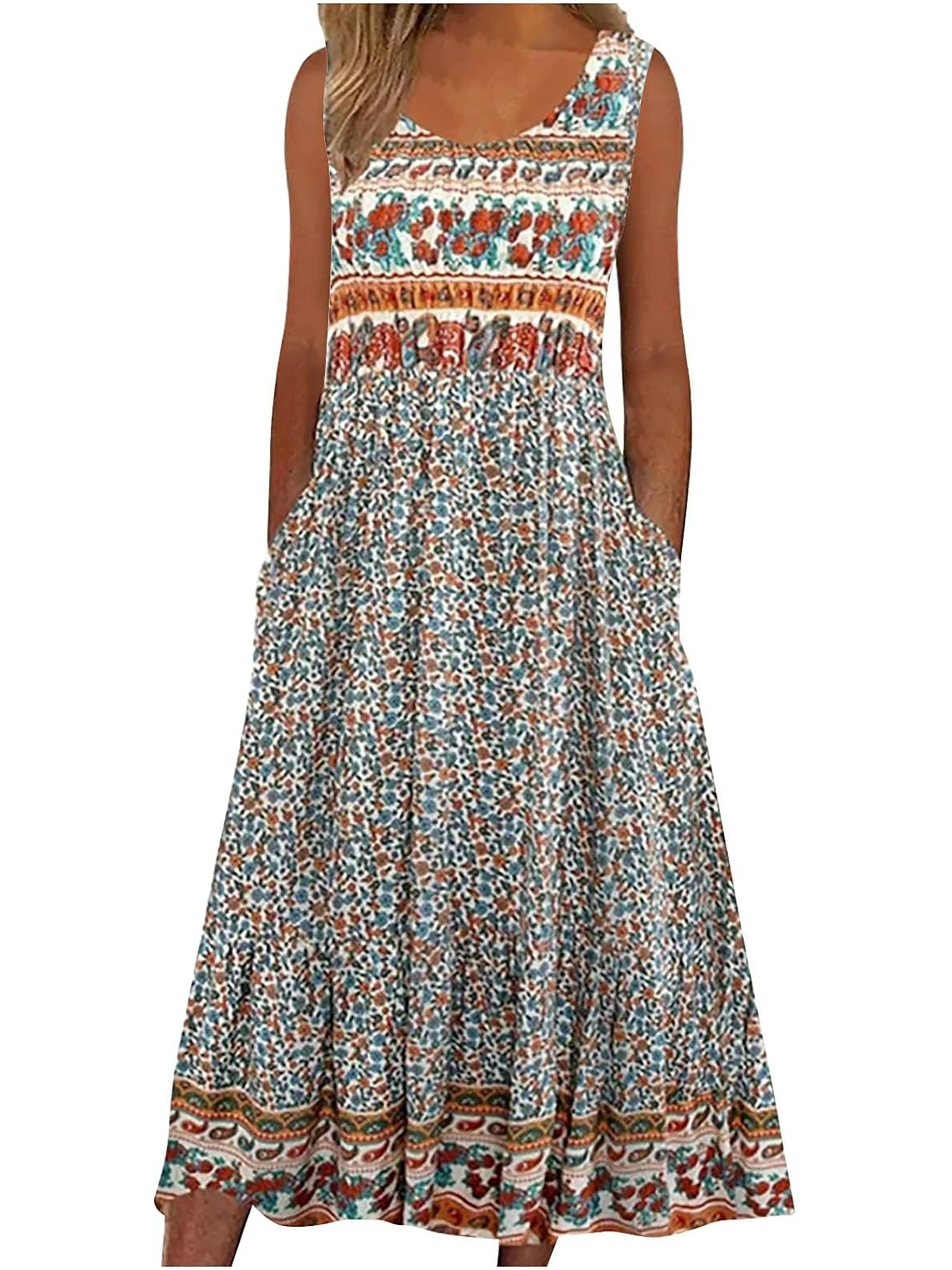 Women's Bohemian Floral Sleeveless Midi Sundress With Pockets Summer Beach