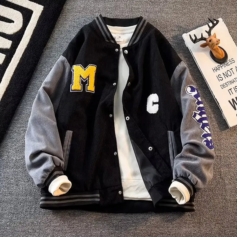 Baseball Jacket Men Corduroy Unisex Vintage Patchwork Jacket Spring INS Hip Hop American Baseball Jersey Couple Casual Coat