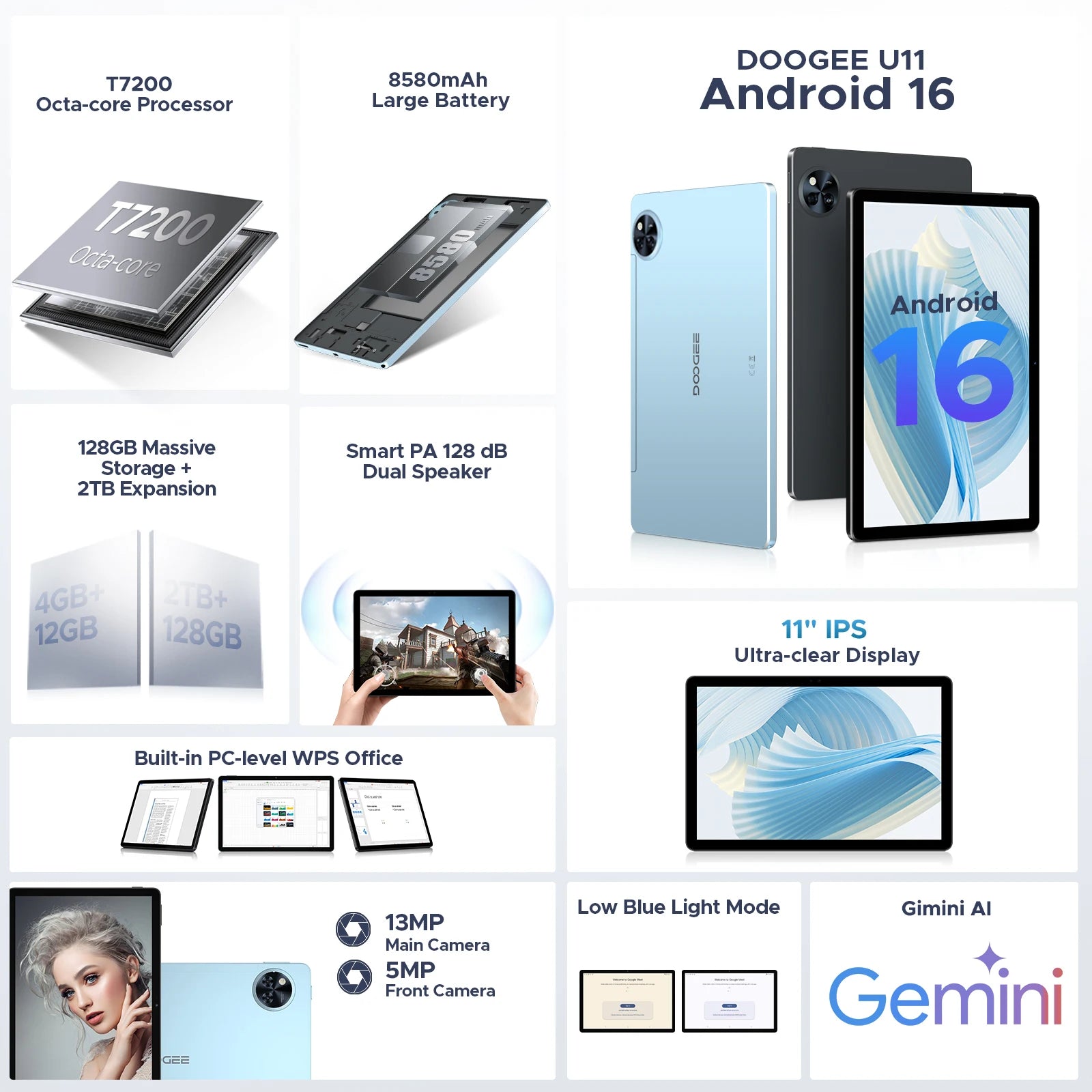 DOOGEE U11 2 in 1 Tablet PC 16GB(4+12) 128GB 11" Ultra-clear 90Hz Display Unisoc T606 8580mAh Battery  Android 16 Widevine L1