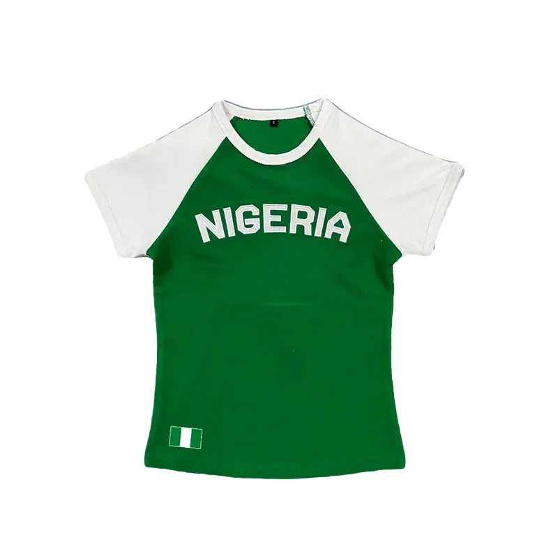 2025 Summer New y2k Leisure Color Blocked Embroidered Nigeria Letter Green T-shirt trend 2025 Women's Clothing Crop Top