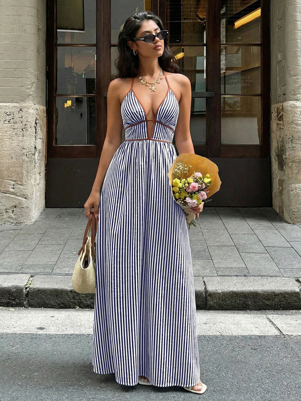 2026 Summer Striped Deep V Neck Backless Sleeveless Beach Long Dress
