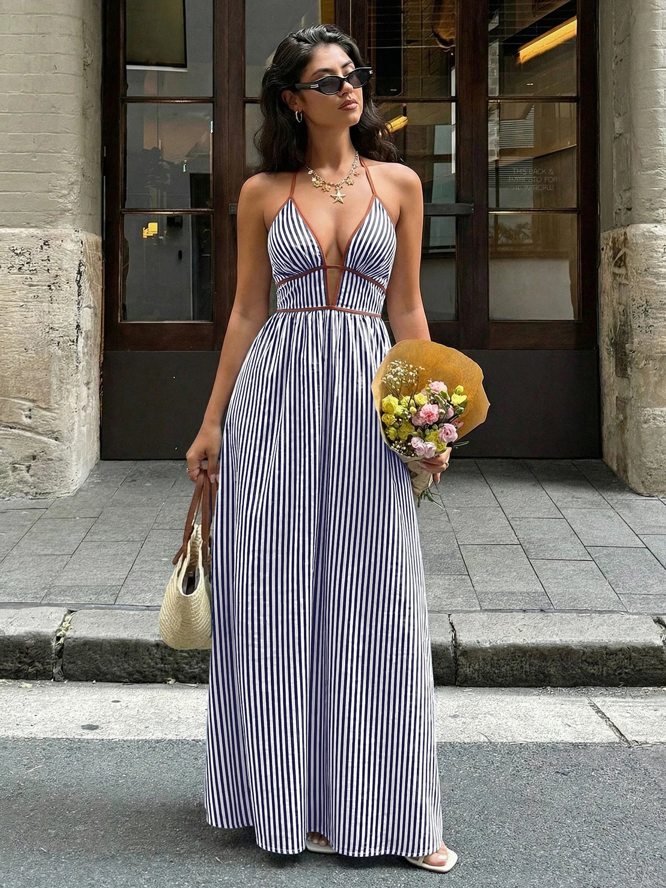 2026 Summer Striped Deep V Neck Backless Sleeveless Beach Long Dress