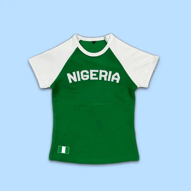 2025 Summer New y2k Leisure Color Blocked Embroidered Nigeria Letter Green T-shirt trend 2025 Women's Clothing Crop Top