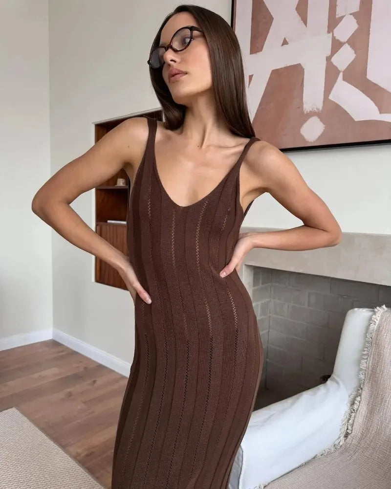 Trendix Knit Backless Maxi Dress For Women V Neck Sleeveless Beach Vacation