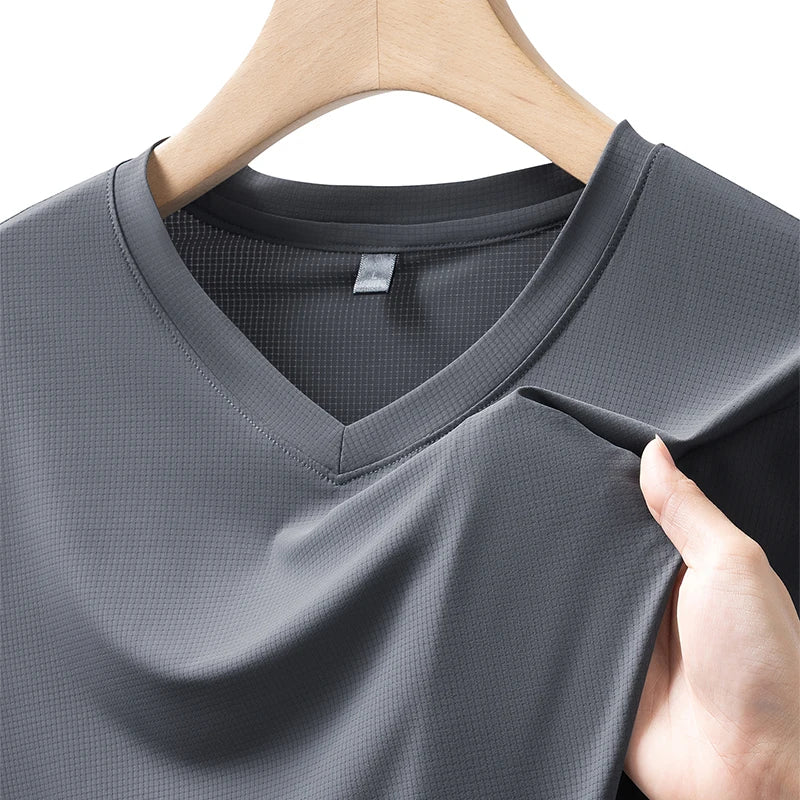 Plus Size 7XL 8XL short-sleeved T-shirt Men new summer ice silk V-neck casual pure color T-shirt outdoor sport Jogging Tops Tees