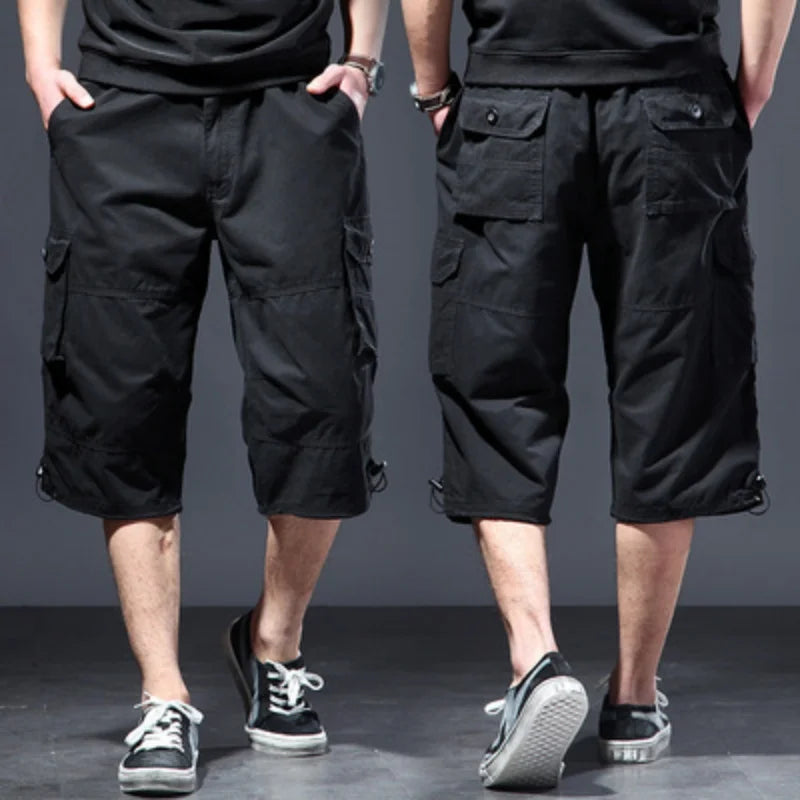 New  Summer thin cropped men's middle-aged pure cotton beach pants shorts plus loose mid length work pants outdoor