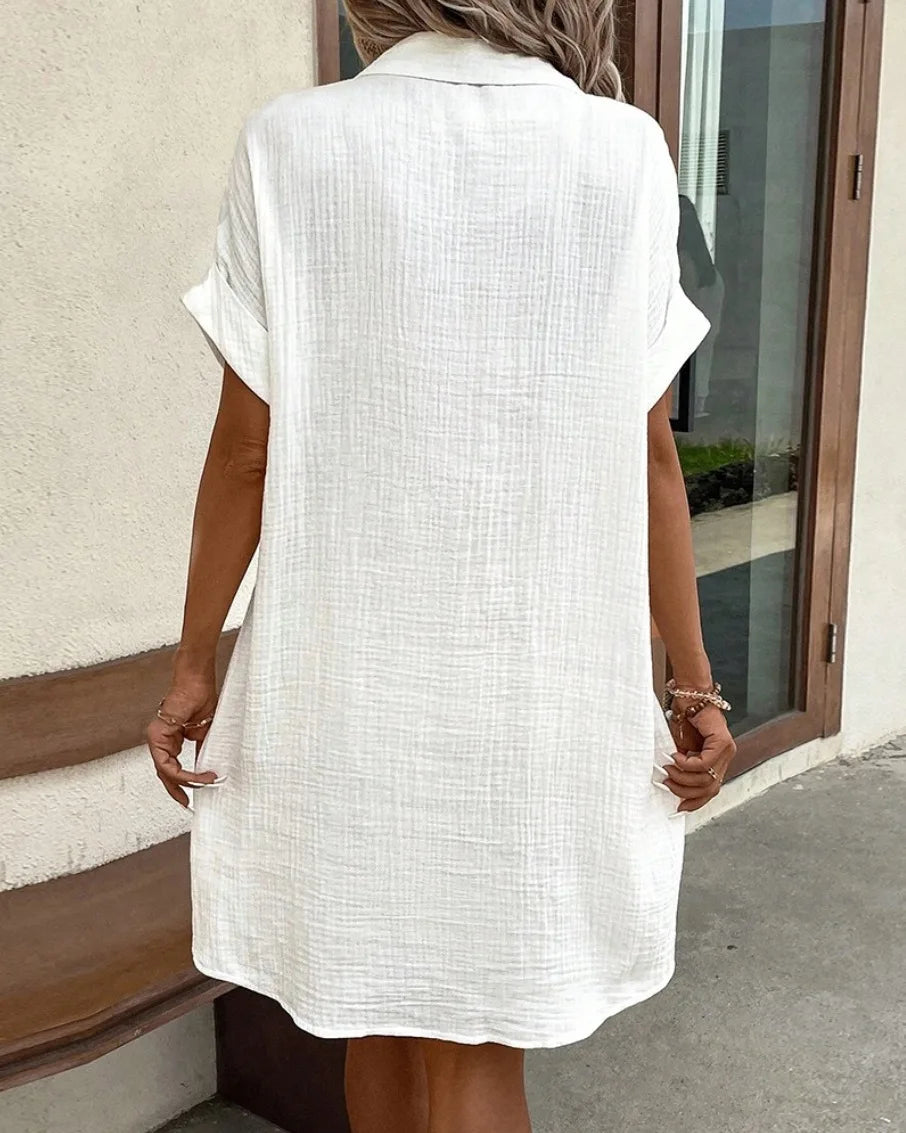 Summer Solid Short Sleeve Shirt Dress Women Turn Down Collar Casual Loose Fit