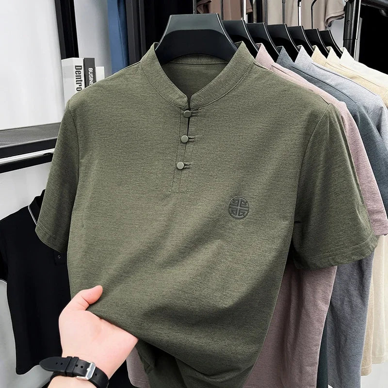 Men's Mandarin Collar Short Sleeve T-Shirt Casual Chinese Style Button Henley Shirt