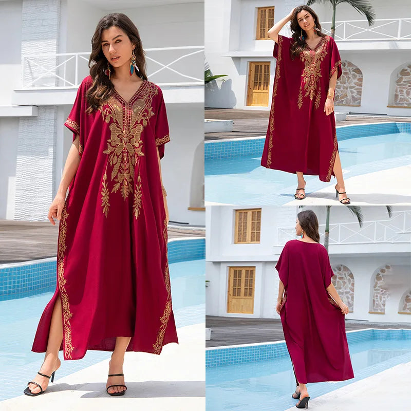 New Fashion European And American Cotton Embroidery Plus Size Long Dress Women's Beach Sun Protection Clothing Bikini Outerwear