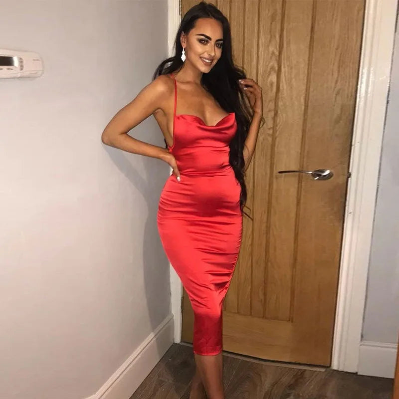 Neon Satin Lace Up Womens Light Pink Midi Dress Backless Bodycon Party Clubwear
