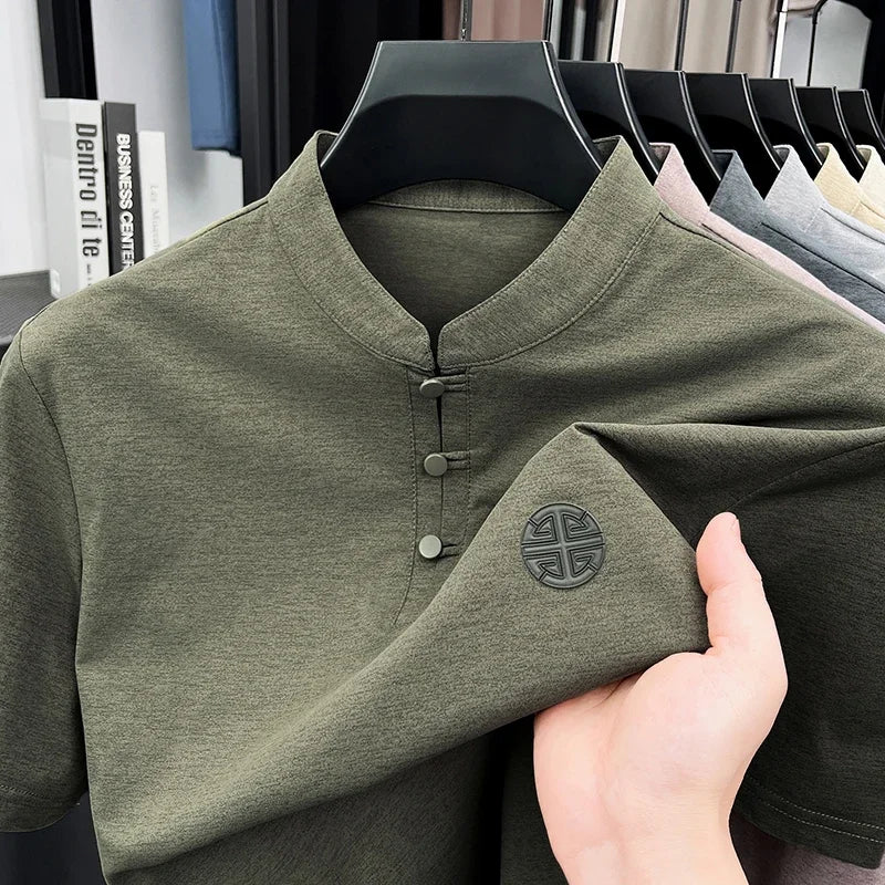 Men's Mandarin Collar Short Sleeve T-Shirt Casual Chinese Style Button Henley Shirt