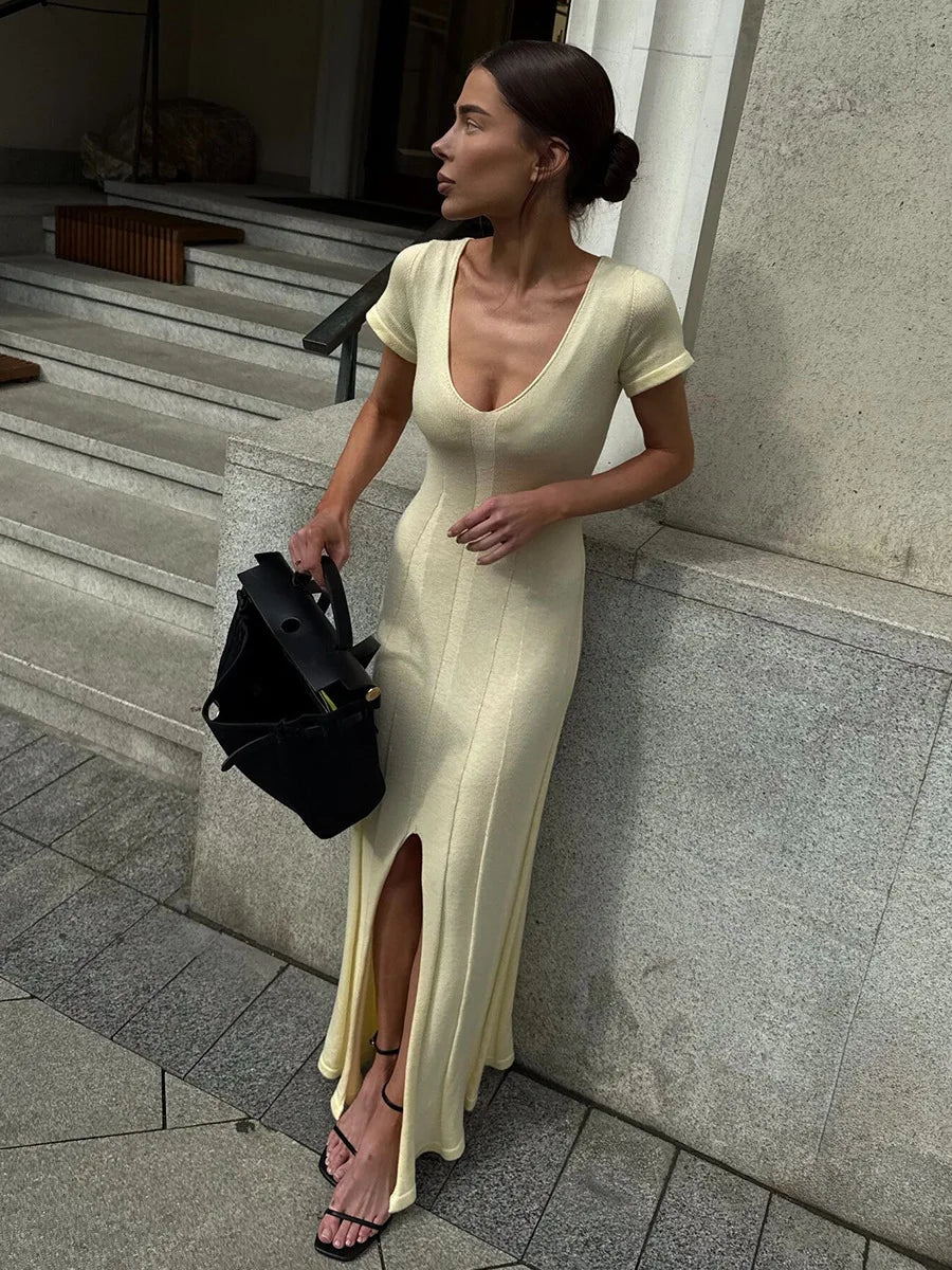Ribbed Knit Maxi Dress for Women Deep V Neck High Slit Patchwork Party Dress