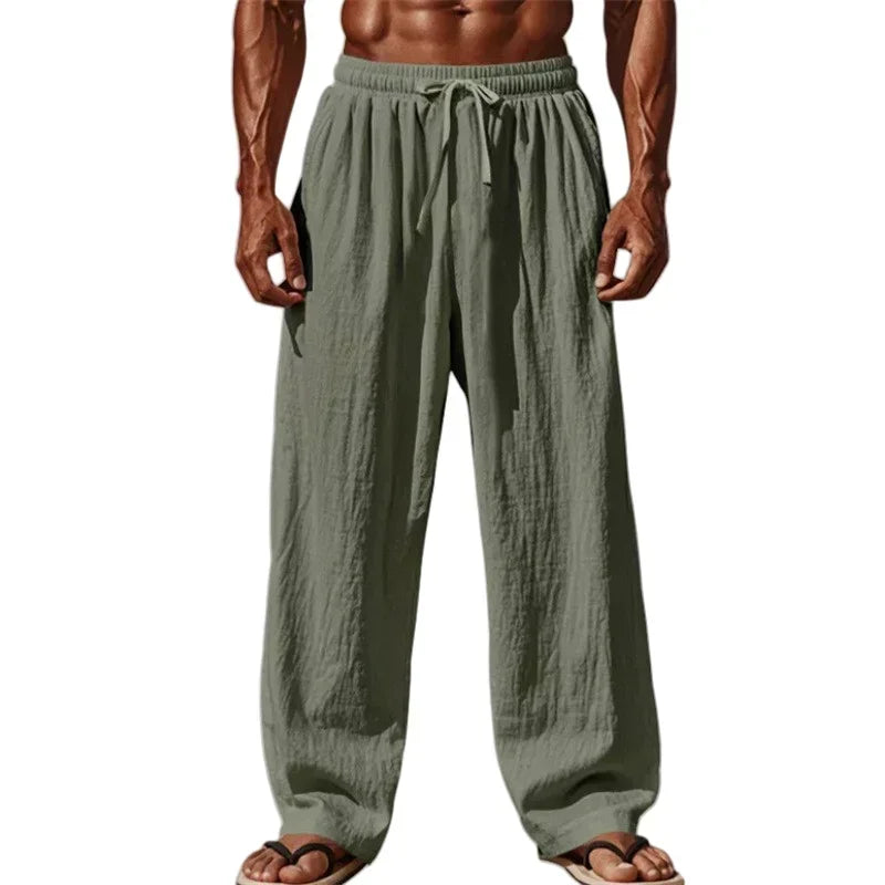 2026 Newest Linen Pants Men Summer Casual Breathable Solid Color Elastic Waist Loose Fit Wide Leg Trousers Lightweight Streetwea