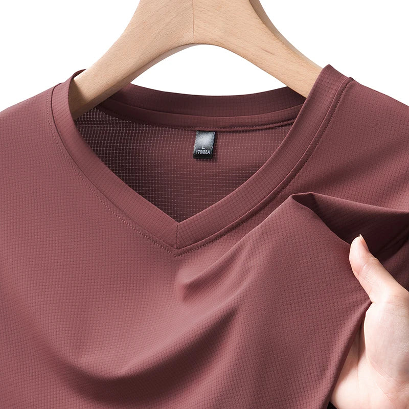 Plus Size 7XL 8XL short-sleeved T-shirt Men new summer ice silk V-neck casual pure color T-shirt outdoor sport Jogging Tops Tees