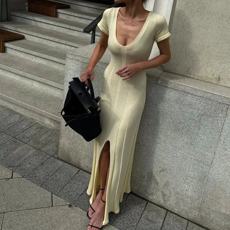 Ribbed Knit Maxi Dress for Women Deep V Neck High Slit Patchwork Party Dress
