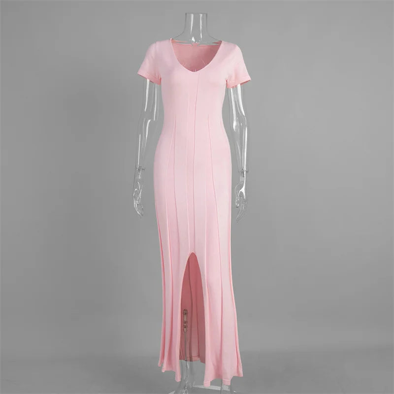Ribbed Knit Maxi Dress for Women Deep V Neck High Slit Patchwork Party Dress