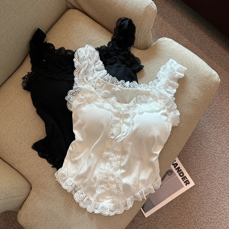 Black Spicy Girl Knitted Strap Vest Women's Summer Pure Desire Sexy Lace Splice Tight Inner Wear Top Outerwear