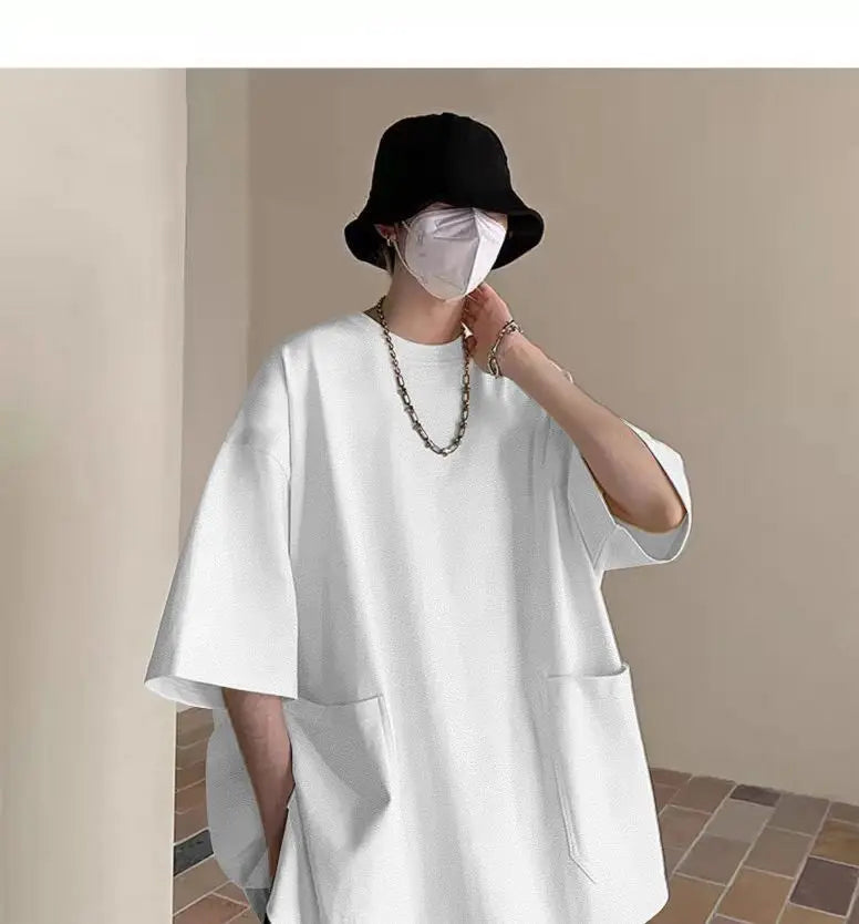 Men's Pocket Patchwork O-Neck Solid Short Sleeve T-Shirts Loose Fashion Summer New Plus Size Basic Tops Trend Casual Men Clothes