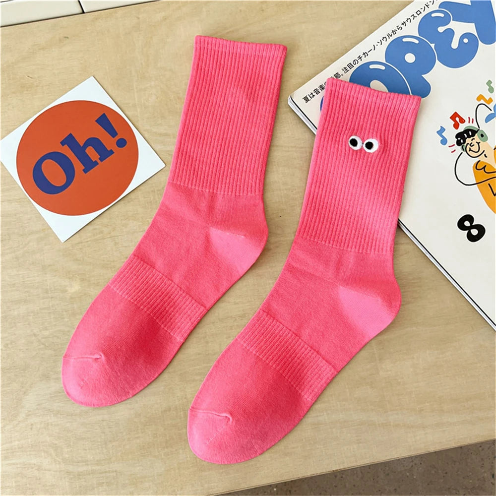 New Women's Embroidered Big Eyes Mid-Tube Socks Ins Trendy Colorful Cartoon Cute Soft Cotton Sports Sokken Dropship