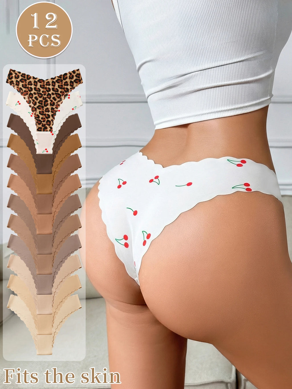 12 Pack Women's Seamless Briefs, Leopard & Cherry Print Solid Color Scalloped Edge No Show Comfort Underwear